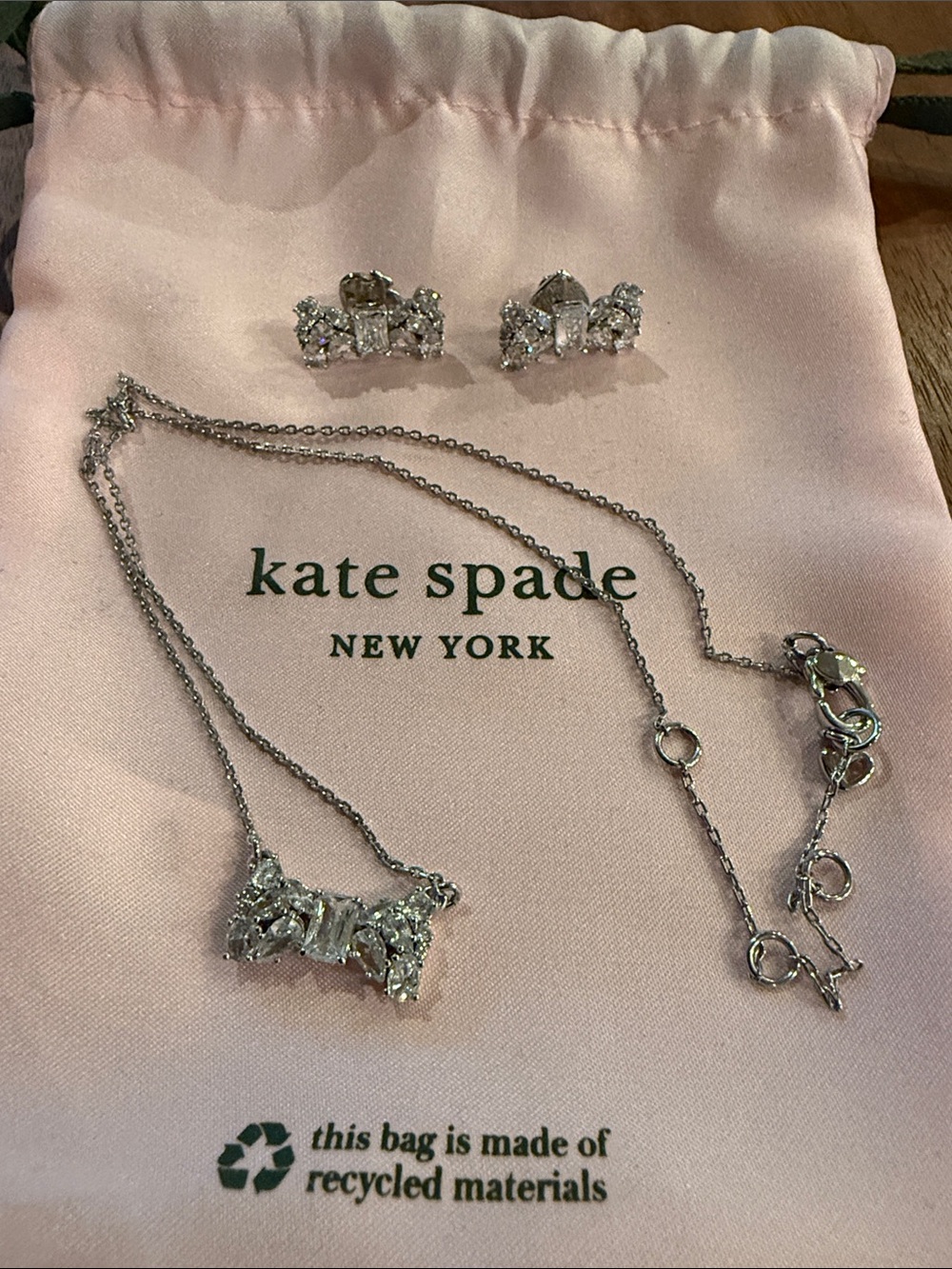 kate spade Sparkling Silver Crystal Bow Necklace and Earrings
